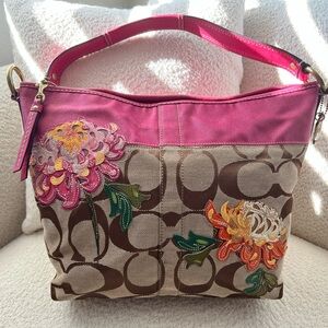 Limited Edition 2008 Coach Leather Floral Appliqué Signature Canvas Shoulder Bag